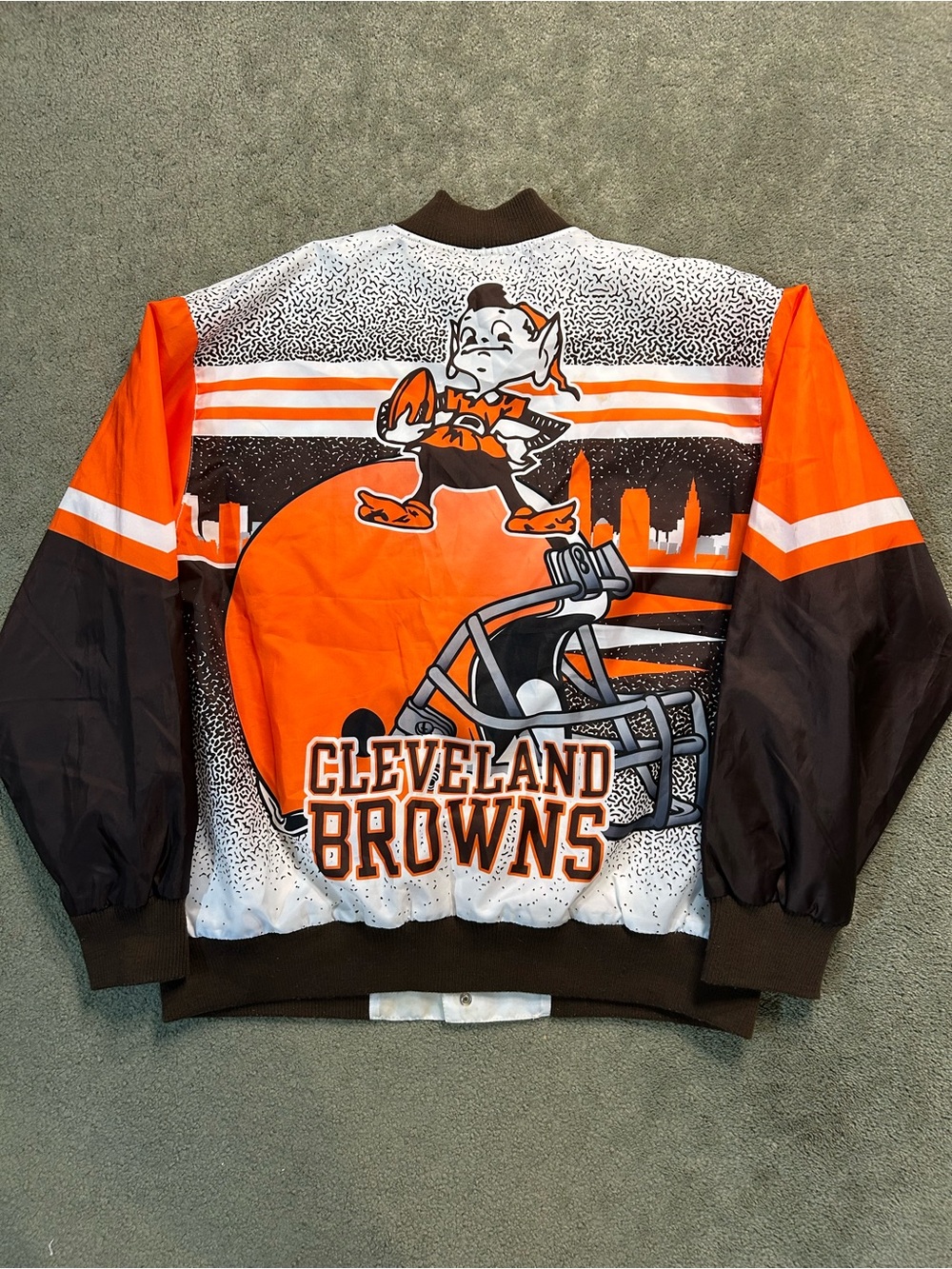 Vintage NFL Cleveland Browns All Over Print Satin Bomber Jacket Size XL AOP